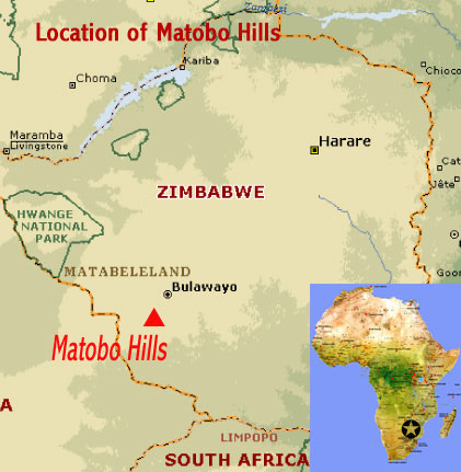 Map showing the location of Matobo Hills UNESCO world heritage site, Zimbabwe